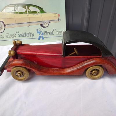 DANBURY MINT MODEL A DIE CAST CAR, A WOODEN MODEL OF A CLASSIC COUPE & TIN SIGN