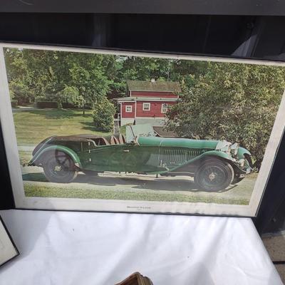 2 FRAMED PICTURES AND A METAL CAR