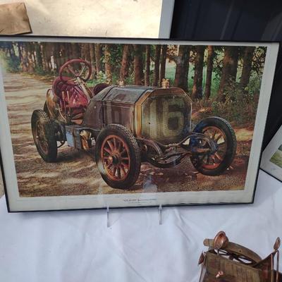 2 FRAMED PICTURES AND A METAL CAR