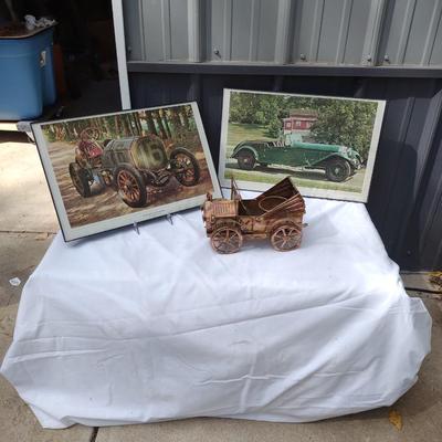 2 FRAMED PICTURES AND A METAL CAR
