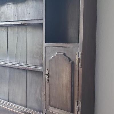Sale Photo Thumbnail #44: Approx 6ft wide and 7 ft tall.  Solid wood. 2 opening cabinet doors , one on each side.  3 drawers. probably oak. the drawers appear to have an inlay design on them.