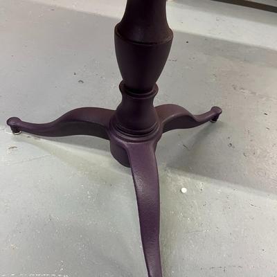 Sale Photo Thumbnail #49: Shelby Williams Retro Style Cafe Table with a cast iron pedestal bas featuring three splayed and ornate legs.  The base has been painted dark purple.  The top is solid wood..  This table is very heavy, so bring help to move,
36"X24"X30"
