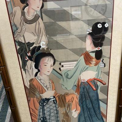 Sale Photo Thumbnail #62: Framed Chinese Geisha Figures Print.  Frame has chips in the paint.
57"X18.5"