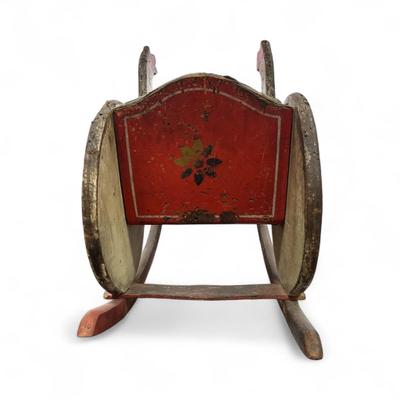Sale Photo Thumbnail #71: Vintage Wooden Rocking Horse with Attached Cart.  Please note wear to seat cover