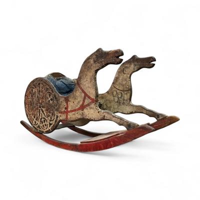 Sale Photo Thumbnail #73: Vintage Wooden Rocking Horse with Attached Cart.  Please note wear to seat cover