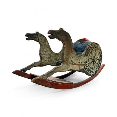 Sale Photo Thumbnail #74: Vintage Wooden Rocking Horse with Attached Cart.  Please note wear to seat cover