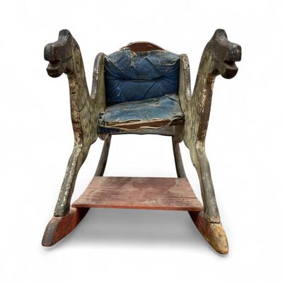 Sale Photo Thumbnail #72: Vintage Wooden Rocking Horse with Attached Cart.  Please note wear to seat cover