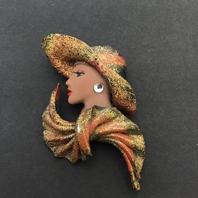 Vintage hand painted woman face brooch