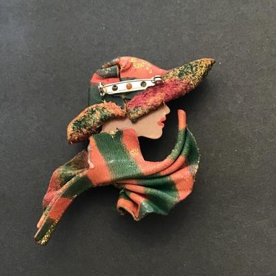 Vintage hand painted woman face brooch