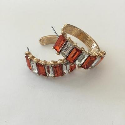Super cute chunky gold tone, autumn orange, rhinestone hoop, earrings