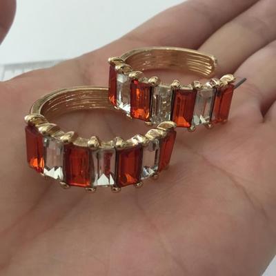 Super cute chunky gold tone, autumn orange, rhinestone hoop, earrings