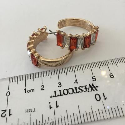 Super cute chunky gold tone, autumn orange, rhinestone hoop, earrings