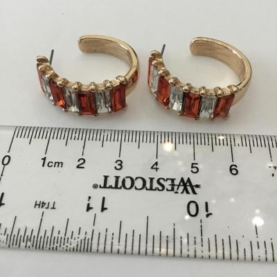 Super cute chunky gold tone, autumn orange, rhinestone hoop, earrings