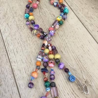 Vintage art, glass bead, tassel statement, necklace