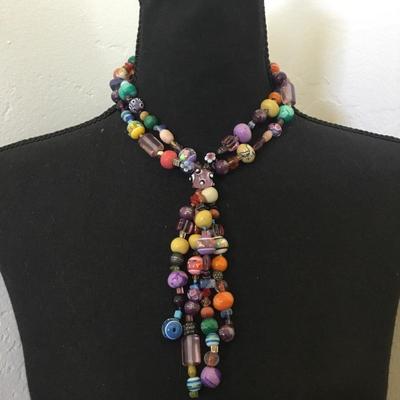 Vintage art, glass bead, tassel statement, necklace