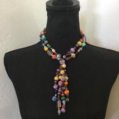 Vintage art, glass bead, tassel statement, necklace