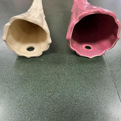 Sale Photo Thumbnail #88: Pair McCoy Cornucopia Horn Wall Pockets.  One Pink and one white.
Pink is 8" long and white 6" long