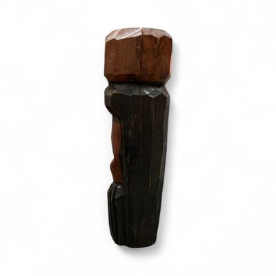 Sale Photo Thumbnail #93: Carved Wooden Face Statue.  Has name carved in top.  Has crack down one side.
9" Tall