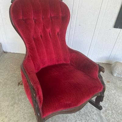 Sale Photo Thumbnail #19: Beautiful red velvet rocker. Victorian style with the carved wood.
Upholstery is in amazing shape.