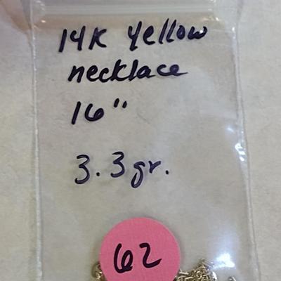 14 Yellow Gold Necklace- Approx 16" Long and Total Weight 3.3 Grams (#62)