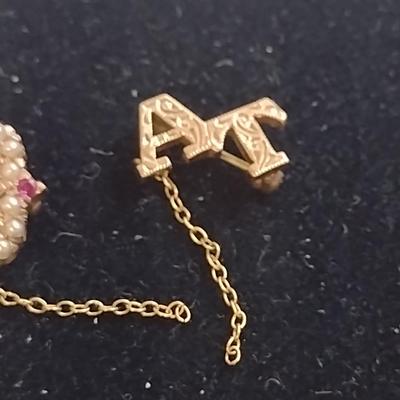10 Karat Gold Enameled Phi Mu Sorority Pin with Pearls and Rubies- Approx Total Weight 5.0 Grams (#67)