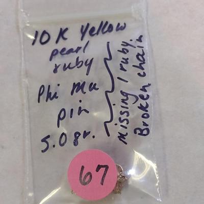 10 Karat Gold Enameled Phi Mu Sorority Pin with Pearls and Rubies- Approx Total Weight 5.0 Grams (#67)