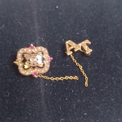 10 Karat Gold Enameled Phi Mu Sorority Pin with Pearls and Rubies- Approx Total Weight 5.0 Grams (#67)