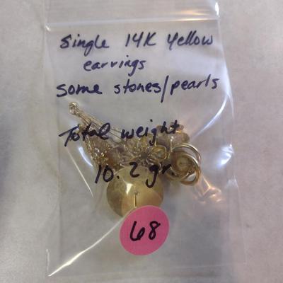 14 Karat Yellow Gold Single Earrings- Approx Total Weight 10.2 Grams (#68)