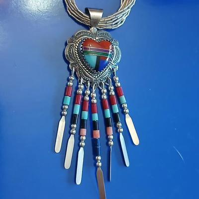 Beautiful vintage Southwest QT Sterling Liquid Silver 5 Strand Turquoise Heart Inlay Necklace