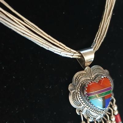 Beautiful vintage Southwest QT Sterling Liquid Silver 5 Strand Turquoise Heart Inlay Necklace