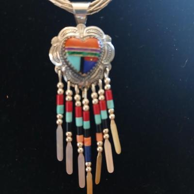 Beautiful vintage Southwest QT Sterling Liquid Silver 5 Strand Turquoise Heart Inlay Necklace