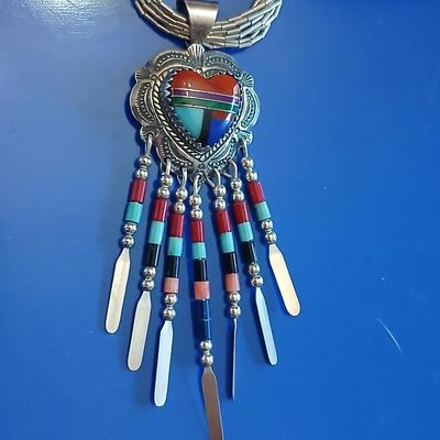 Beautiful vintage Southwest QT Sterling Liquid Silver 5 Strand Turquoise Heart Inlay Necklace