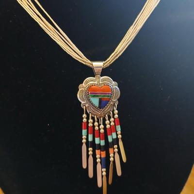 Beautiful vintage Southwest QT Sterling Liquid Silver 5 Strand Turquoise Heart Inlay Necklace