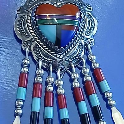 Beautiful vintage Southwest QT Sterling Liquid Silver 5 Strand Turquoise Heart Inlay Necklace
