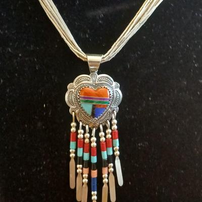 Beautiful vintage Southwest QT Sterling Liquid Silver 5 Strand Turquoise Heart Inlay Necklace