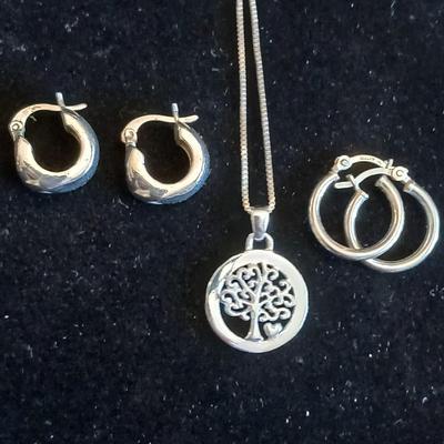 Two pairs of .925 Sterling marked hoop earrings with .925 marked Family tree necklace