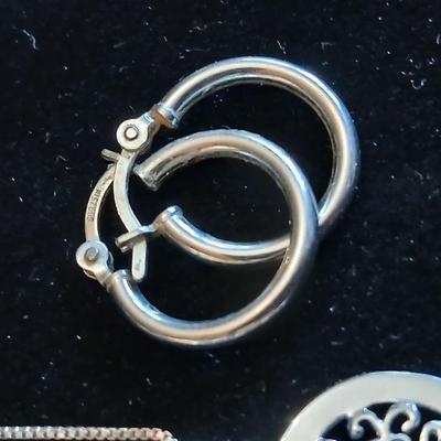 Two pairs of .925 Sterling marked hoop earrings with .925 marked Family tree necklace