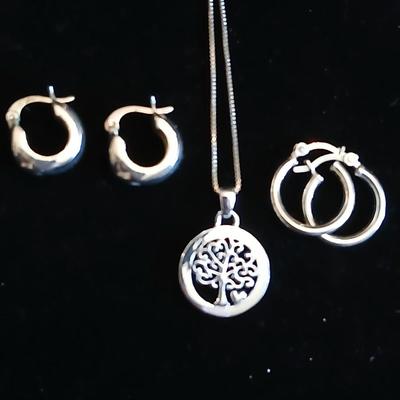Two pairs of .925 Sterling marked hoop earrings with .925 marked Family tree necklace
