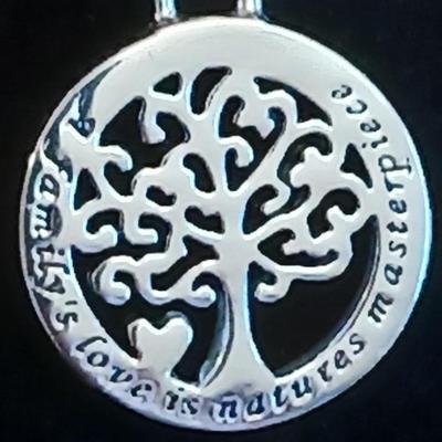 Two pairs of .925 Sterling marked hoop earrings with .925 marked Family tree necklace