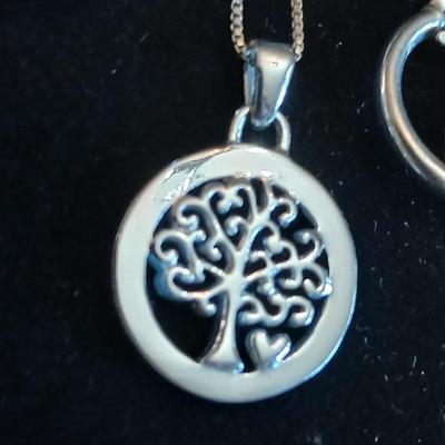 Two pairs of .925 Sterling marked hoop earrings with .925 marked Family tree necklace