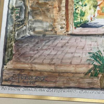 Sale Photo Thumbnail #366: This piece of art came from the estate of Carmen Oyharzabal, a well know resident of San Juan Capistrano, CA who cared for Pastor Paul Martin.  The artwork is In good condition with a personal note written on the back by Pastor Paul Martin to Carmen (pape