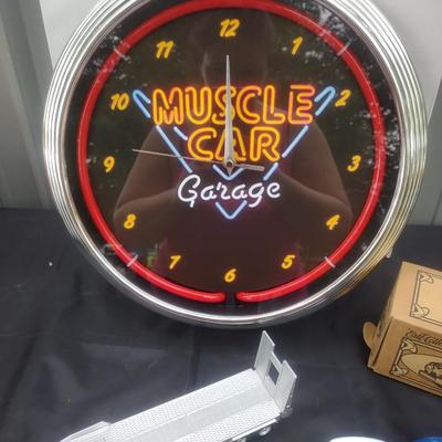 MUSCLE CAR NEON CLOCK, '51 FORD PICKUP DIE CAST MODEL AND A TONKA TRACTOR TRAILER
