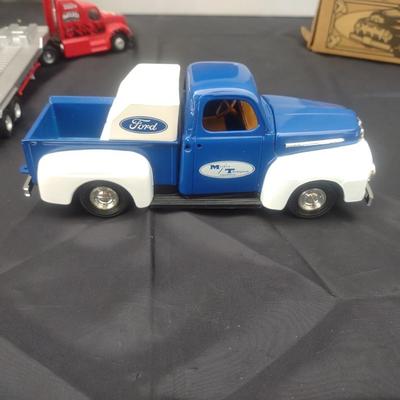 MUSCLE CAR NEON CLOCK, '51 FORD PICKUP DIE CAST MODEL AND A TONKA TRACTOR TRAILER