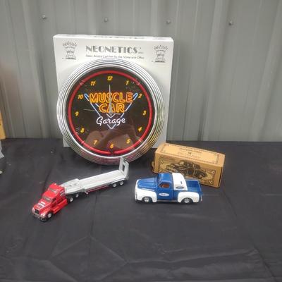 MUSCLE CAR NEON CLOCK, '51 FORD PICKUP DIE CAST MODEL AND A TONKA TRACTOR TRAILER