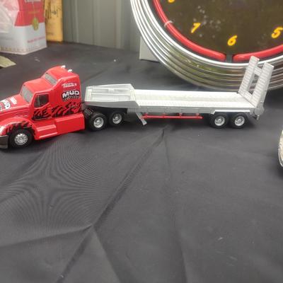 MUSCLE CAR NEON CLOCK, '51 FORD PICKUP DIE CAST MODEL AND A TONKA TRACTOR TRAILER