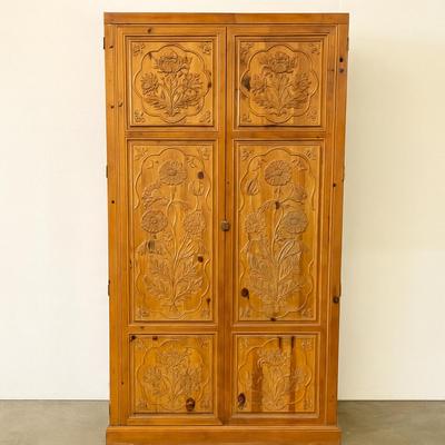 331 Henredon Carved Pine Asian inspired Armoire