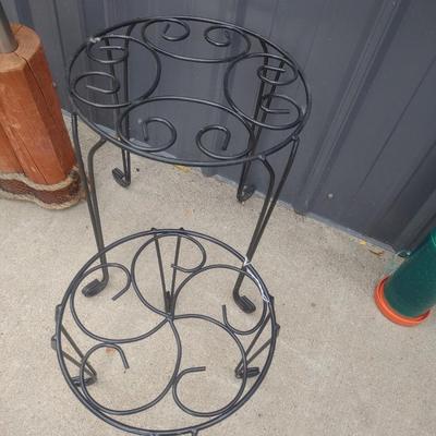 GNOME YARD ART AND 2 METAL PLANT STANDS