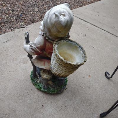 FOLDING CORNER WICKER STAND AND 1 OF THE 7 DWARFS? ON A METAL PLANT STAND