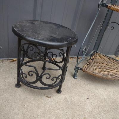 FOLDING CORNER WICKER STAND AND 1 OF THE 7 DWARFS? ON A METAL PLANT STAND
