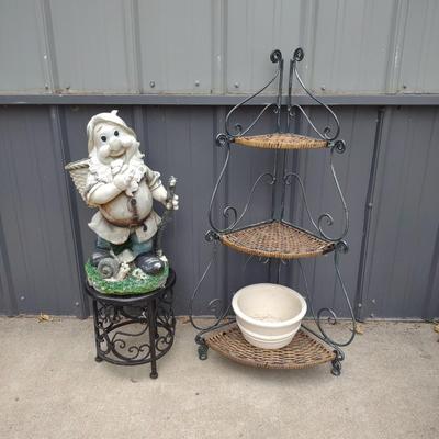 FOLDING CORNER WICKER STAND AND 1 OF THE 7 DWARFS? ON A METAL PLANT STAND